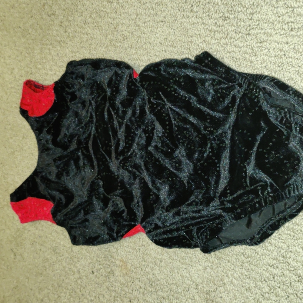 Girls Black Textured Velvet Red Accent Dance Gymnastics Leotard.
